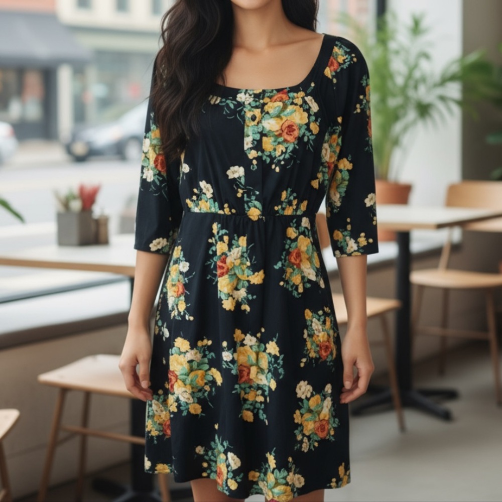 ANTHROPOLOGIE Maeve Black Floral Evangeline Fall Floral 3/4 Dress Size 2